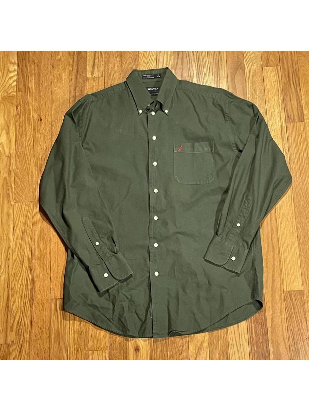 Vintage Army Green Nautica Oxford Button Up Shirt 100% Cotton 16 34/35 Mens L
